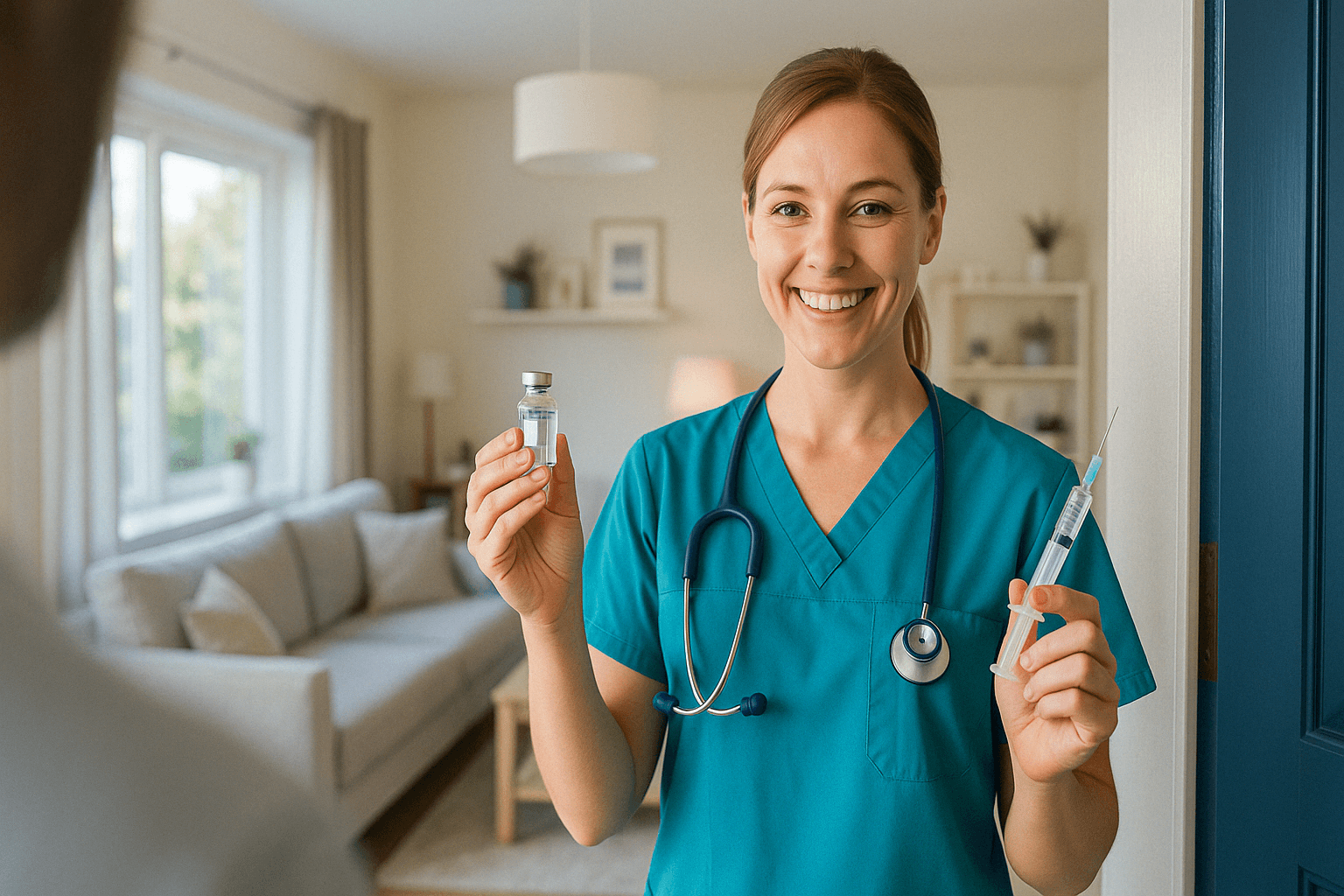 Smiling nurse at a front door holding a vaccine vial and syringe